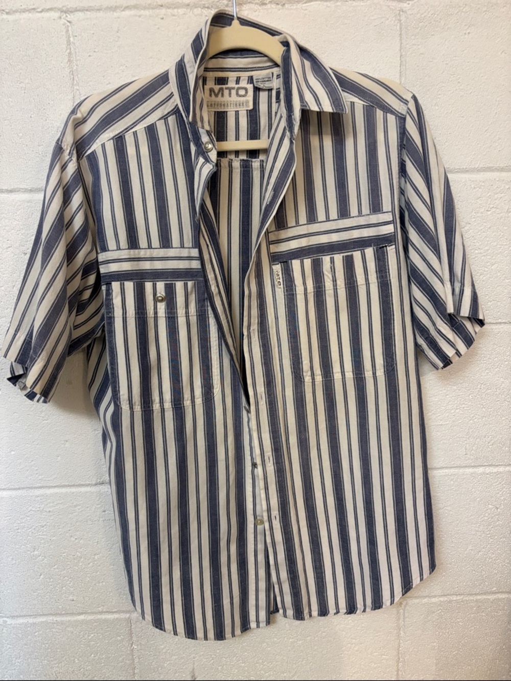 MT Short-Sleeve Button-Down Shirt in Navy and Cream Stripes
